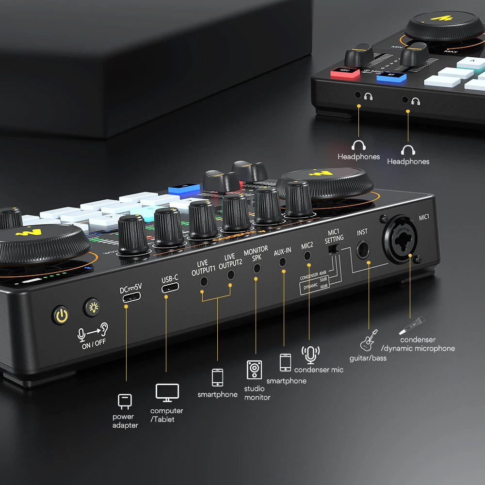 Maono AME2 Interface de Áudio Placa de Som DJ Mixer para Gravação, Live Streaming,Youtube,Guitar,PC